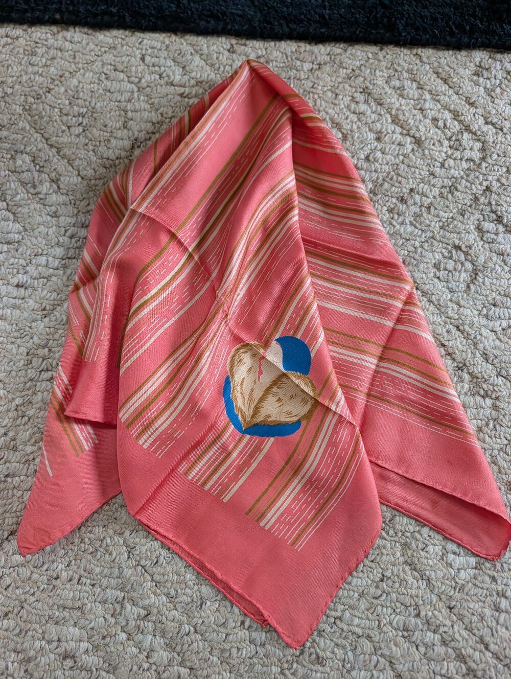 Vintage 60-70s Peach Pink Stripped Silk Hand Rolled Scarf Novelty Women Motif